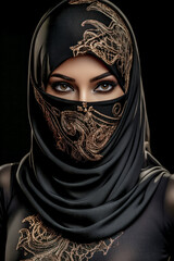 Fototapeta na wymiar Very Beautiful Arab Woman with very Modern Trendy Niqab Portrait Background Journal Generative AI KI Wallpaper Digital Art