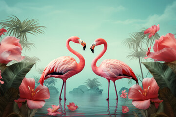 Flamingo and tropical nature flower background. Generative ai.