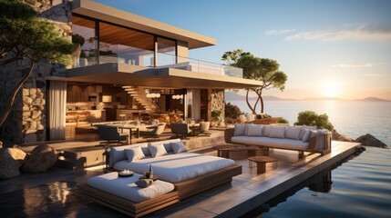 Fototapeta premium Design house - modern villa with open plan living and private bedroom wing. Large terrace with privacy and, swimming pool. Generative AI.