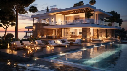 Design house - modern villa with open plan living and private bedroom wing. Large terrace with privacy and, swimming pool. Generative AI.