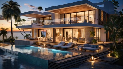 Fototapeta premium Design house - modern villa with open plan living and private bedroom wing. Large terrace with privacy and, swimming pool. Generative AI.