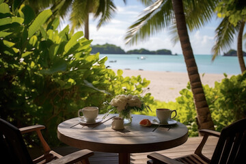 Fototapeta premium Stunning landscape, table on terrace by the beach, Tropical resort hotel, Luxury travel vacation