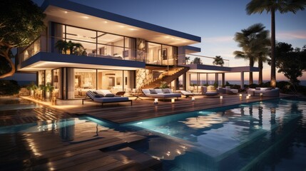 Fototapeta premium Design house - modern villa with open plan living and private bedroom wing. Large terrace with privacy and, swimming pool. Generative AI.