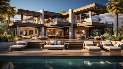 Fototapeta premium Design house - modern villa with open plan living and private bedroom wing. Large terrace with privacy and, swimming pool. Generative AI.