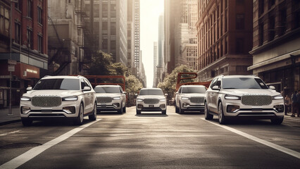 A lot of white cars on the street of an old city with high skyscrapers. Generative AI