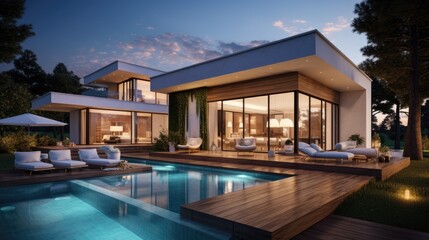 Fototapeta premium Design house - modern villa with open plan living and private bedroom wing. Large terrace with privacy and, swimming pool. Generative AI.