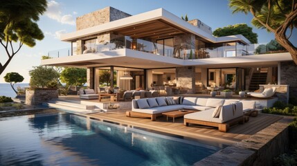 Obraz premium Design house - modern villa with open plan living and private bedroom wing. Large terrace with privacy and, swimming pool. Generative AI.