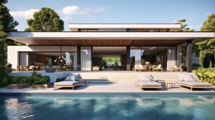 Fototapeta premium Design house - modern villa with open plan living and private bedroom wing. Large terrace with privacy and, swimming pool. Generative AI.