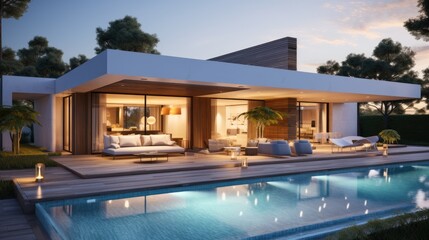 Fototapeta premium Design house - modern villa with open plan living and private bedroom wing. Large terrace with privacy and, swimming pool. Generative AI.