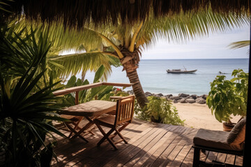 Fototapeta premium Stunning landscape, terrace by the beach during the day, Tropical resort hotel, Luxury travel vacation