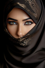 Naklejka premium Very Beautiful Arab Woman with very Modern Trendy Niqab Portrait Background Journal Generative AI KI Wallpaper Digital Art