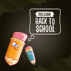Back to school banner or poster with cartoon funky pencil and hand drawn doodle text label on black chalkboard texture backdrop. Vector back to school background with cartoon school supplies