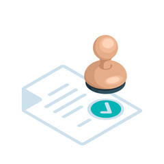 isometric stamp icon with document and checkmark in color on white background, approve or accept