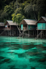 Fototapeta na wymiar Idyllic Polynesian wooden huts on stilts standing in turquoise waters in an island bay - AI generated