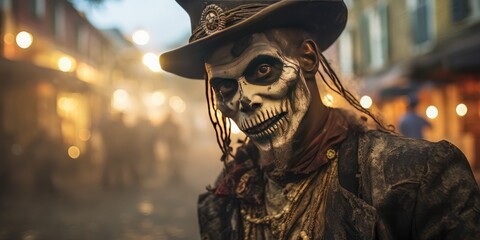 A portrait of a man dressed as a scary voodoo priest. Halloween and voodoo fashion. Generative AI.