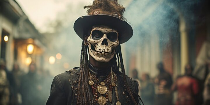 A portrait of a man dressed as a scary voodoo priest. Halloween and voodoo fashion. Generative AI.