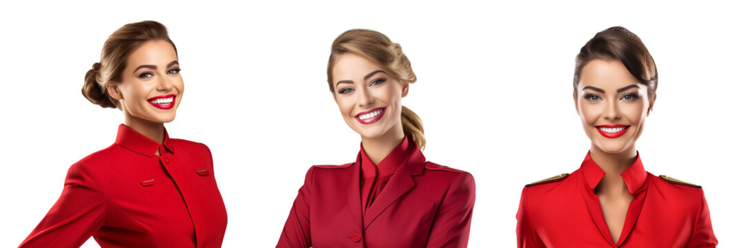 Receptionist in red dress smiling happy welcome on white background