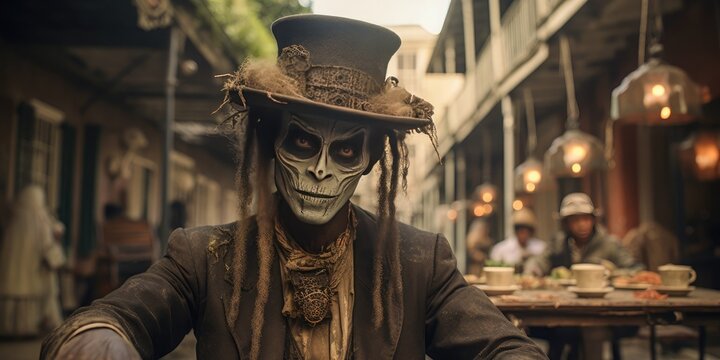 A portrait of a man dressed as a scary voodoo priest. Halloween and voodoo fashion. Generative AI.