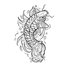 Koi fish tattoo with water splash Asian or Japanese style. Illustration with white background.