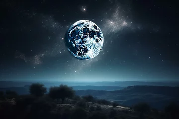 Photo sur Plexiglas Pleine Lune arbre Starry night sky with full/supermoon, nebula & space background. NASA elements included. Generative AI