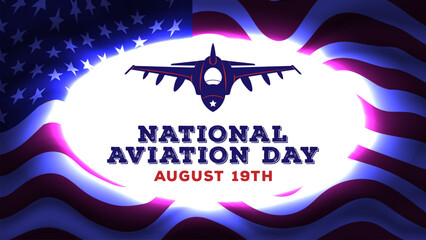 national aviation day template design with fighter jet and american flag background