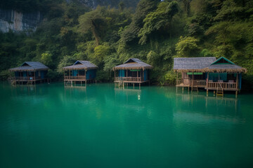 Fototapeta na wymiar Idyllic Polynesian wooden huts on stilts standing in turquoise waters in an island bay - AI generated