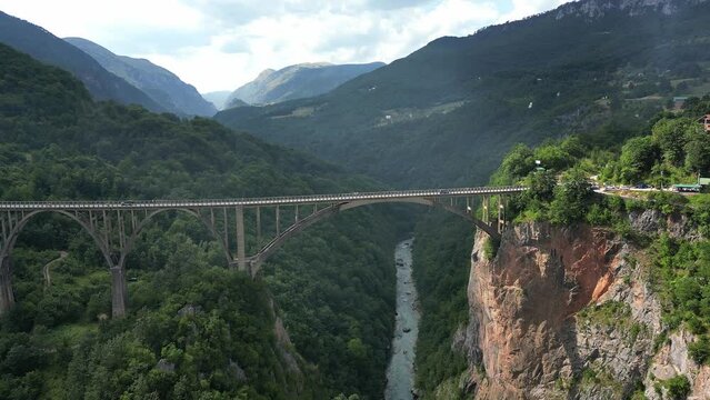 Djurdjevic is arched bridge across the Tara River. Montenegro. Aerial view.