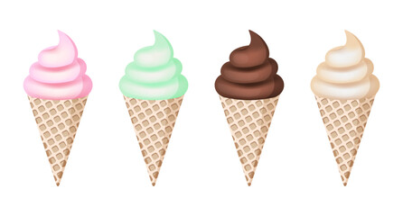 Strawberry, mint, chocolate and vanilla ice cream waffle cones on the white background.