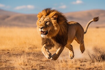 A male lion in motion runs across the field chasing the forest.