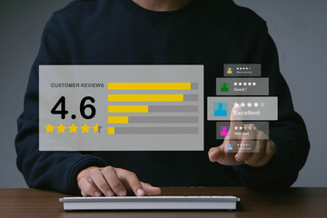 Young man gives rating to service experience on online application.Customer review and service...
