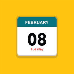 tuesday 08 february icon with yellow background, calender icon