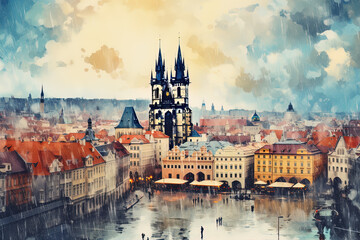Prague, Czech Republic. Painting postcard AI generated with Stare Mesto, square with dramatic sky, rainy day. - obrazy, fototapety, plakaty
