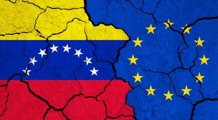 Flags of Venezuela and European Union on cracked surface - politics, relationship concept