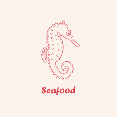 Seafood, seahorse, logo, doodle, line art,seafood illustration , crustacean , food illustrations, marine, ocean 