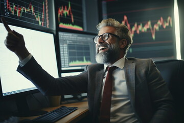 Mann arbeitet an der Börse vor Börsenkursen mit starken Emotionen, 6, Ai generiert