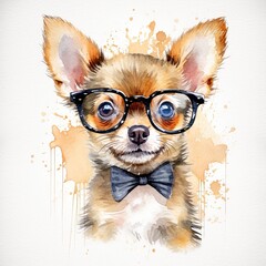 Chihuahua puppy wearing glasses and bow tie. Stylized watercolour digital illustration of a cute dog with big eyes. Digital illustration.