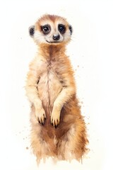 Standing meerkat, suricata suricatta, watercolour illustration, front view of this cute African mongoose on a white background. Digital illustration.