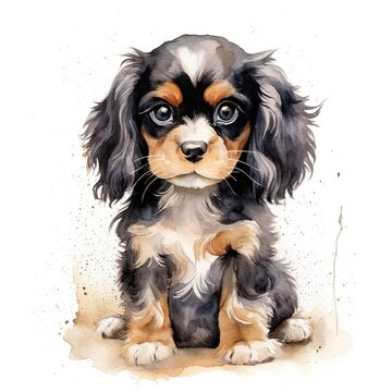 Cavalier king charles spaniel puppy. Stylized watercolour digital illustration of a cute dog with big eyes. Digital illustration.