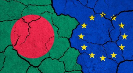 Flags of Bangladesh and European Union on cracked surface - politics, relationship concept