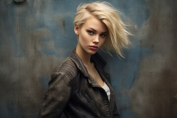 Fototapeta premium Portrait of a fictional grunge rocker girl with short blond undercut hairstyle, leather jacket and jeans. Generative AI.