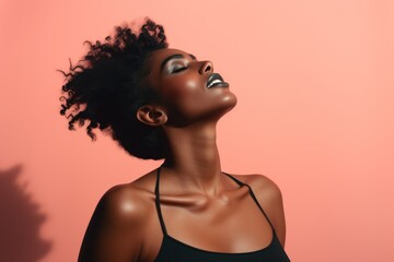 Fototapeta premium Portrait of a fictional black woman with closed eyes. Isolated on a plain pastel colored background. Generative AI.