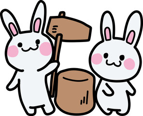 お月見をイメージした餅つきセットとうさぎのイラスト