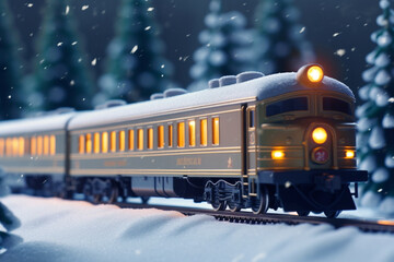 Polar Express gliding through a snowy winter landscape with snow-covered trees - AI generated