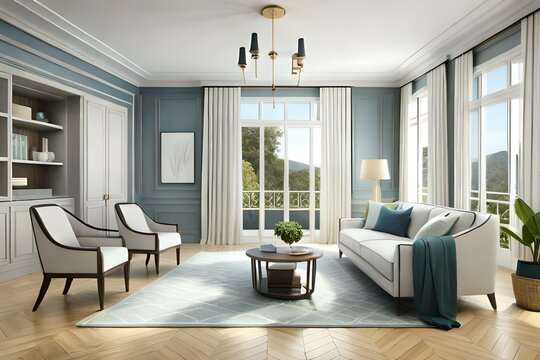 Hampton style living room. Home interior design 3d render illustration in pastel colors. 3d rendering.