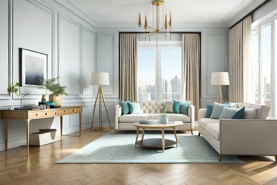 Hampton style living room. Home interior design 3d render illustration in pastel colors. Template.