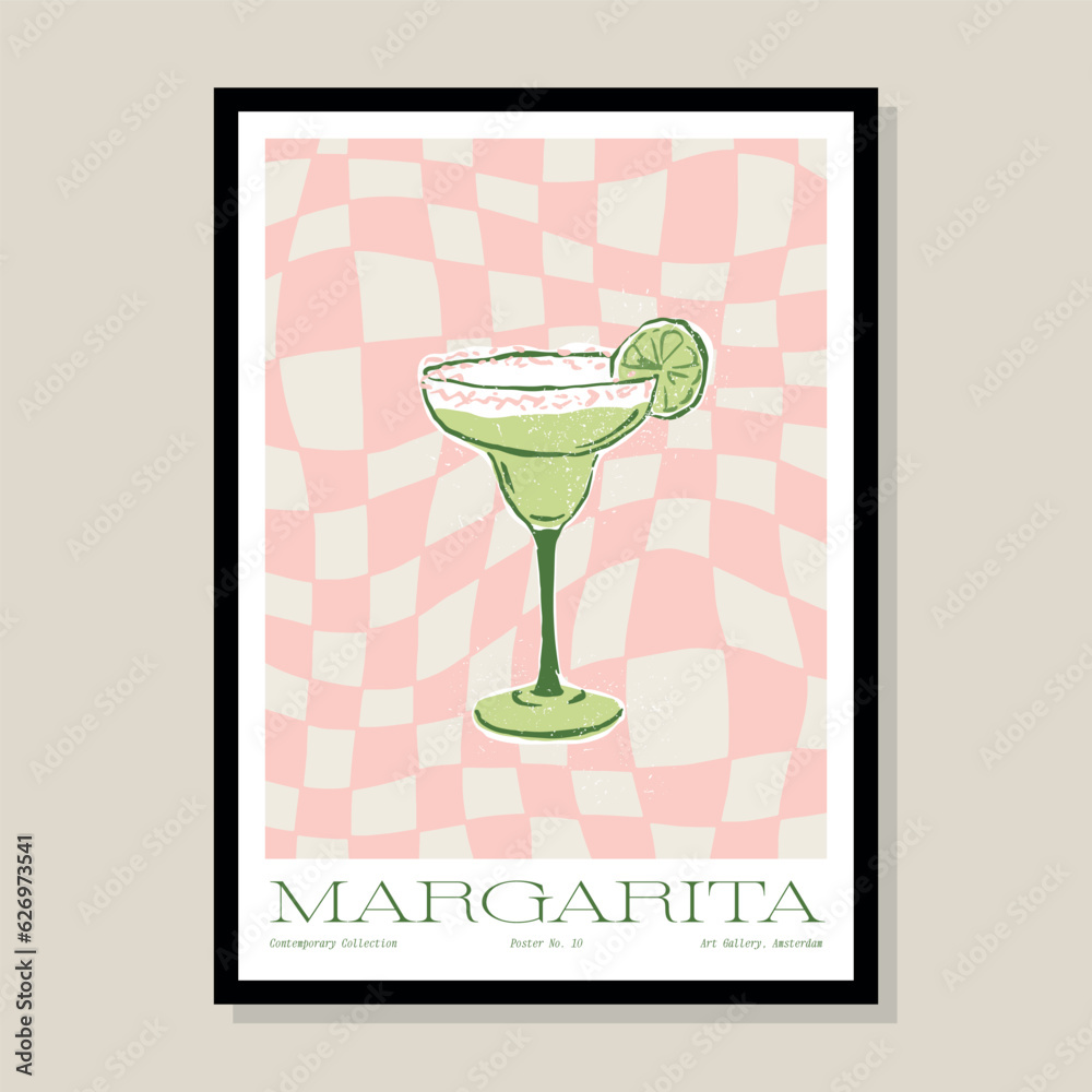 Wall mural Margarita cocktail hand drawn vector illustration in a poster frame. Art for poster design, postcards, branding, logo design, background.