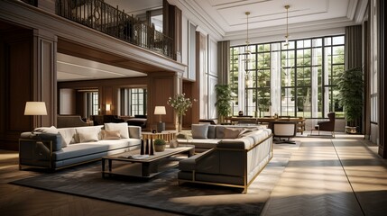 Fototapeta na wymiar Panorama of modern living room with big windows, sofa and armchairs