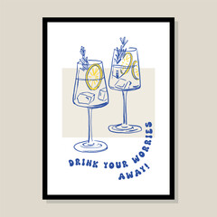 Cocktail hand drawn vector illustration in a poster frame. Art for poster design, postcards, branding, logo design, background.