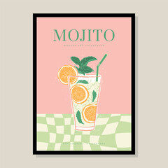 Mojito cocktail hand drawn vector illustration in a poster frame. Art for poster design, postcards, branding, logo design, background.