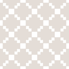 Subtle beige and white vector geometric ornament. Delicate seamless pattern with squares, jagged shapes, grid, repeat tiles. Ornamental ethnic motif. Simple abstract background texture. Geo design
